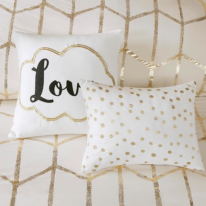 Intelligent Design Raina Twin / Twin XL Comforter Set, Soft Microfiber Comforter Set Twin, Modern Geometric Metallic Bed Set, 4 Pieces College Bedding Comforter Set with 1 Sham, 2 Toss Pillows Ivory - LeafyLoom