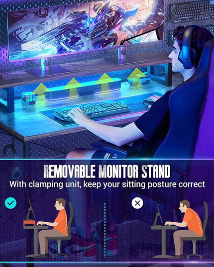 Homieasy L Shaped Gaming Desk with Power Outlet & LED Light, 55 Inch Computer Desk with Storage Shelves, Reversible Corner Desk with Monitor Stand Headset Hooks for Home Office, Rustic Brown - LeafyLoom
