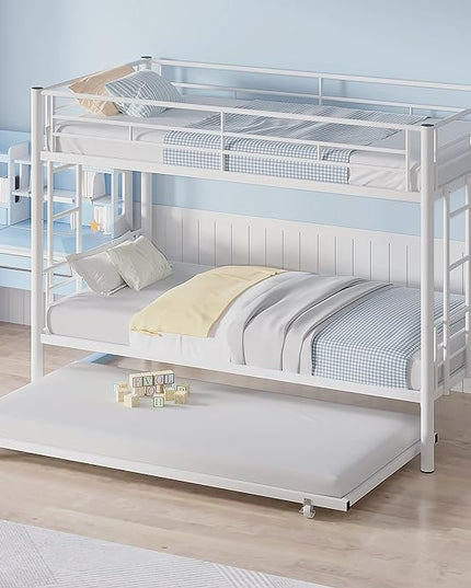 VECELO Twin Over Twin Bunk Bed with Trundle, Metal Bunkbeds with Ladder and Full-Length Guardrail, Noise Free, No Box Spring Needed, Off White - LeafyLoom