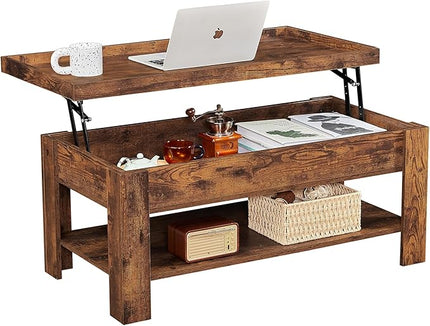 VECELO Lift Top Coffee Table with Storage Shelf and Hidden Compartment for Living Room/Office Reception, Black, Brown - LeafyLoom