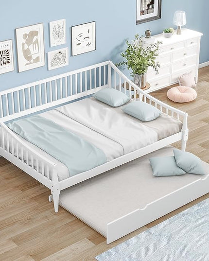 Full Size Daybed with Hideaway Trundle and Support Legs,Multi-functional Wood Bed Frame,W/Rails Three Sides,Easy to Assemble,for Bedroom,Living Room,Apartment,White - LeafyLoom