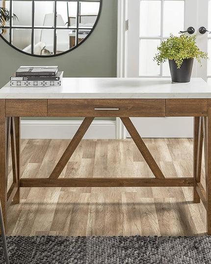 Walker Edison Rustic Farmhouse Wood Computer Writing Desk Home Office Workstation Small, 46 Inch, Marble and Walnut - LeafyLoom