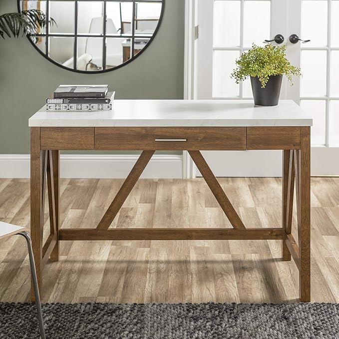 Walker Edison Rustic Farmhouse Wood Computer Writing Desk Home Office Workstation Small, 46 Inch, Marble and Walnut - LeafyLoom