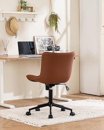 YOUTASTE Coffee Brown Office Chair Modern Armless Desk Chair with Wheels Adjustable Swivel Rocking Rolling Computer Study Chairs Faux Leather Sewing Chairs with Back Stylish Vanity Chair - LeafyLoom