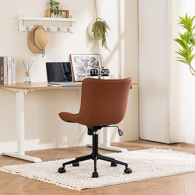 YOUTASTE Coffee Brown Office Chair Modern Armless Desk Chair with Wheels Adjustable Swivel Rocking Rolling Computer Study Chairs Faux Leather Sewing Chairs with Back Stylish Vanity Chair - LeafyLoom
