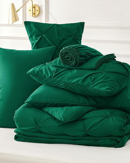 Bedsure King Size Comforter Set - Bedding Set King 7 Pieces, Pintuck Bed in a Bag Dark Green Bed Set with Comforter, Sheets, Pillowcases & Shams - LeafyLoom