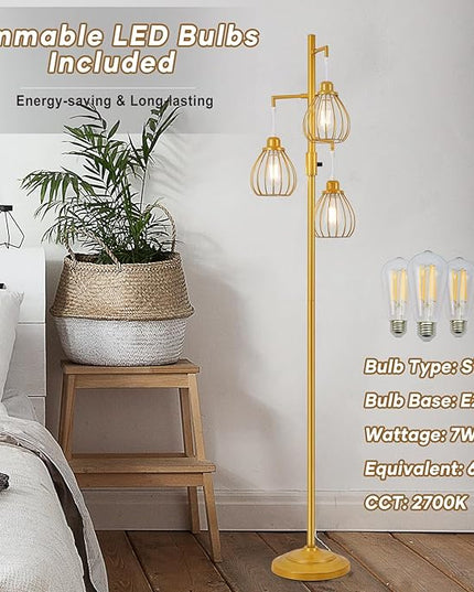 Dimmable Industrial Floor Lamp, Farmhouse Floor Lamps with 3 Elegant Teardrop Cages, Gold Rustic Floor Lamps Tall Retro Pole Lamp for Farmhouse Living Room Bedroom Office, LED Bulbs Included - LeafyLoom