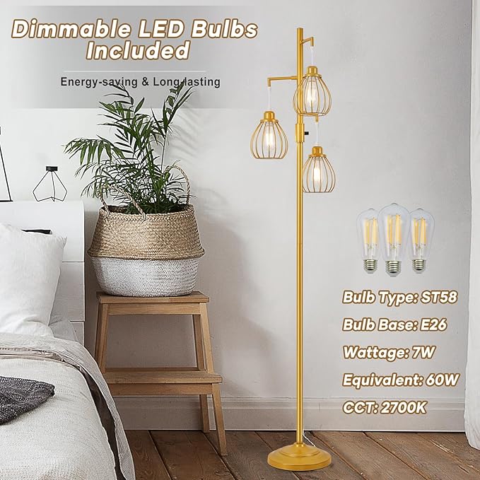 Dimmable Industrial Floor Lamp, Farmhouse Floor Lamps with 3 Elegant Teardrop Cages, Gold Rustic Floor Lamps Tall Retro Pole Lamp for Farmhouse Living Room Bedroom Office, LED Bulbs Included - LeafyLoom