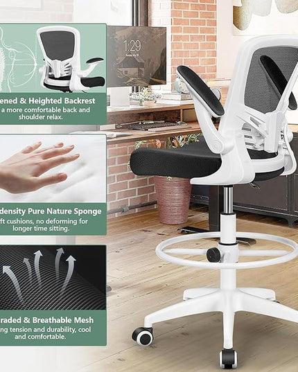 MINLOVE Ergonomic Drafting Office Chair, Tall Office Chair with Flip-up Armrests Executive Ergonomic Computer Standing Desk Chair with Lumbar Support and Adjustable Footrest(White) - LeafyLoom