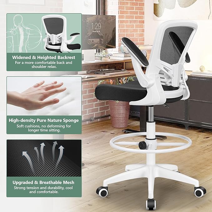 MINLOVE Ergonomic Drafting Office Chair, Tall Office Chair with Flip-up Armrests Executive Ergonomic Computer Standing Desk Chair with Lumbar Support and Adjustable Footrest(White) - LeafyLoom