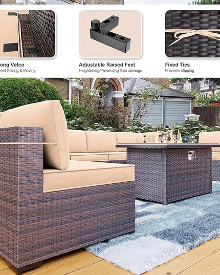 Kullavik 13PCS Outdoor Patio Furniture Set with 43" 55000BTU Gas Propane Fire Pit Table PE Wicker Rattan Sectional Sofa Patio Conversation Sets,Khaki - LeafyLoom
