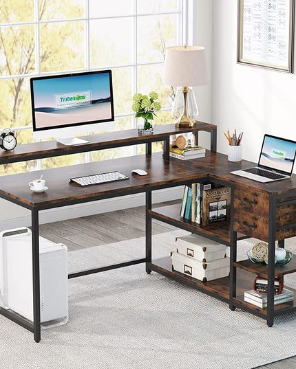 Reversible L-Shaped Computer Desk with hutch & Shelf,rustic - LeafyLoom