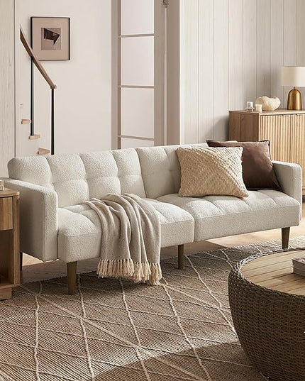 mopio Aaron Couch, Small Sofa, Futon, Sofa Bed, Sleeper Sofa, Loveseat, Mid Century Modern Futon Couch, Sofa Cama, Couches for Living Room, Bedroom (Pearl White, Boucle) - LeafyLoom