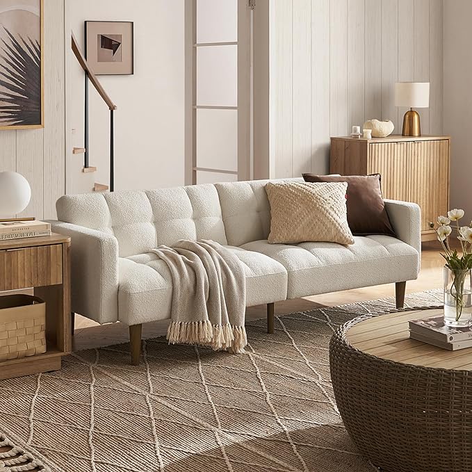 mopio Aaron Couch, Small Sofa, Futon, Sofa Bed, Sleeper Sofa, Loveseat, Mid Century Modern Futon Couch, Sofa Cama, Couches for Living Room, Bedroom (Pearl White, Boucle) - LeafyLoom
