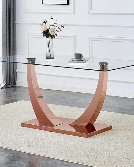 Modern Glass Table with Rectangular Tempered Tabletop,Dinner Desk Set for 4-8 People W, Home,Kitchen,Dining Room,Office,Rose Gold+Clear Finish, 63" U-Shape Pedestal Base - LeafyLoom