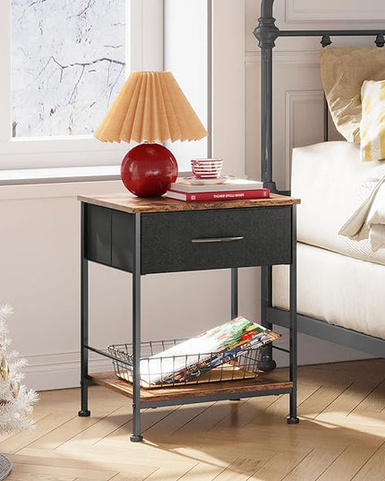 WLIVE Night Stand, Side Table with Fabric Storage Drawer, Small Nightstand, Bedside Table End Table for Bedroom, Dorm, Open Wood Shelf, Steel Frame, Black and Rustic Brown - LeafyLoom