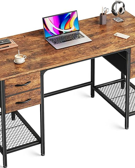 47 Inch Computer Desk with 4 Drawers, Office Desk with Mesh Shelf, Gaming Desk, Large Storage, Writing Desk Work Desk for Home Office, Study, Bedroom, Work from Home, Rustic Brown - LeafyLoom