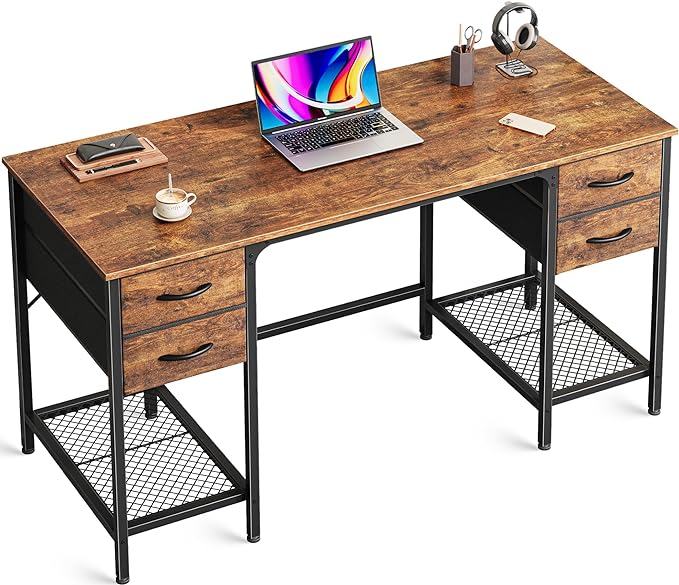 47 Inch Computer Desk with 4 Drawers, Office Desk with Mesh Shelf, Gaming Desk, Large Storage, Writing Desk Work Desk for Home Office, Study, Bedroom, Work from Home, Rustic Brown - LeafyLoom