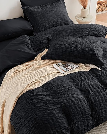 HYMOKEGE Seersucker Queen Comforter Set 3 Pieces, Lightweight Comforter Sets for Bedding, Bed Set with 1 All Season Soft Down Alternative Comforter and 2 Pillow Shams, Black - LeafyLoom