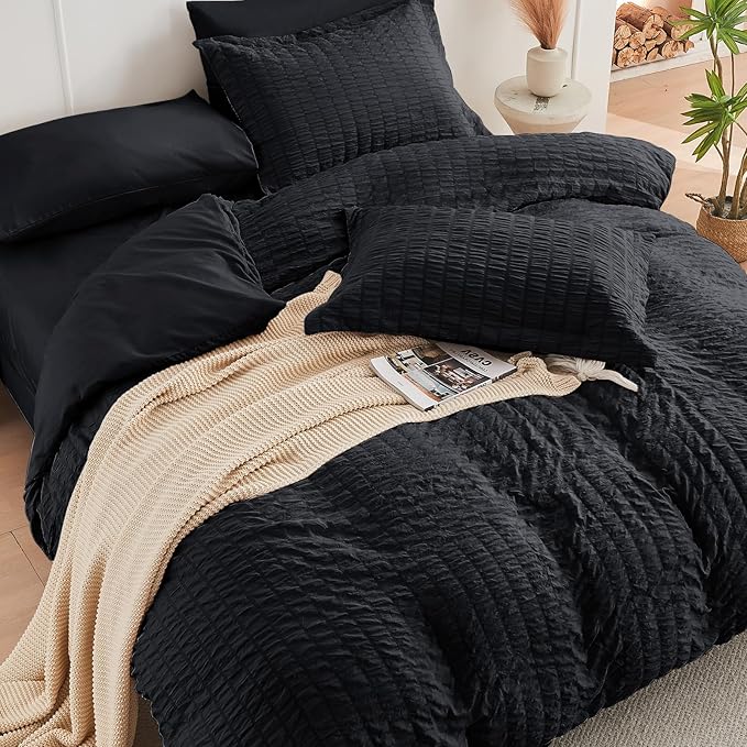 HYMOKEGE Seersucker Twin Comforter Set 3 Pieces, Lightweight Comforter Sets for Bedding, Bed Set with 1 All Season Soft Down Alternative Comforter and 2 Pillow Shams, Black - LeafyLoom