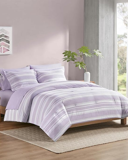 Codi Bed in a Bag Twin Size Complete Set, Lavender Purple Striped Single Comforter Set 5 Piece for Teen, Modern Neutral Cationic Dyeing Bed Sets with Comforter, Sheets, Pillowcases & Shams - LeafyLoom