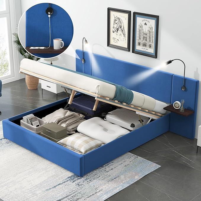 Full Size Storage Upholstered Hydraulic Platform 2 Shelves and Two Lights,Modern Velvet Fabric Bed Frame,W/USB Ports,No Box Spring Required,for Bedroom, Apartment,Blue - LeafyLoom