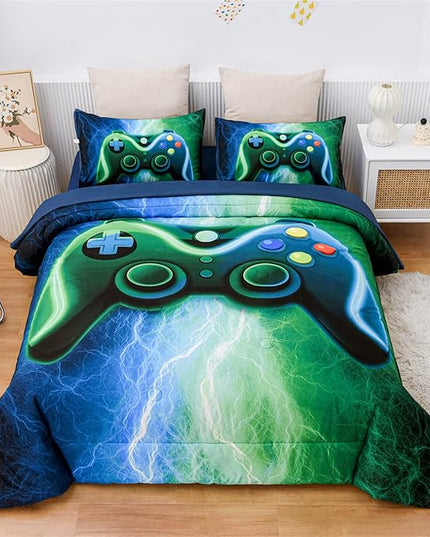 Meeting Story Gamer Gaming Bedding Sets Red Blue Lightnings Gamepad Comforter Set for Boys Games Console Action Buttons Novelty Colorful Modern Room Decor Home Quilt Set (Blue-Grenn, Queen 5Pcs) - LeafyLoom