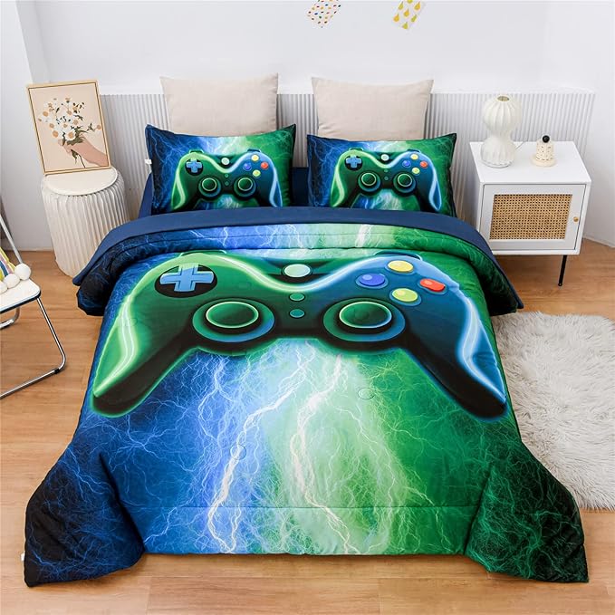 Meeting Story Gamer Gaming Bedding Sets Red Blue Lightnings Gamepad Comforter Set for Boys Games Console Action Buttons Novelty Colorful Modern Room Decor Home Quilt Set (Blue-Green, Twin 5Pcs) - LeafyLoom