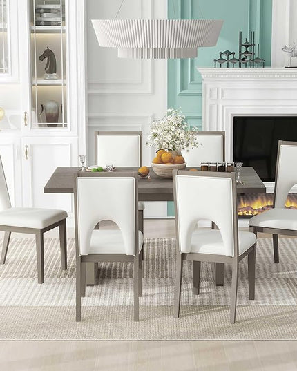 60 Inch Dining Table Set for 6, 7-Piece Rectangular Dining Table and 6 Upholstered Chairs with Special U-Shape Design, Wood Kitchen Table Set for Dining Room, Grey+Beige - LeafyLoom