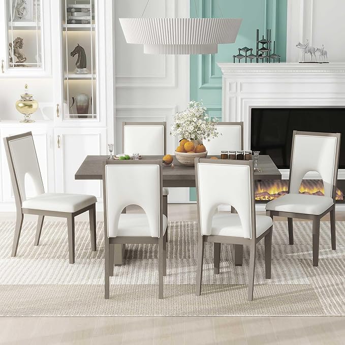 60 Inch Dining Table Set for 6, 7-Piece Rectangular Dining Table and 6 Upholstered Chairs with Special U-Shape Design, Wood Kitchen Table Set for Dining Room, Grey+Beige - LeafyLoom