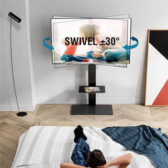 FITUEYES Swivel Floor TV Stand with Mount for TVs 37 43 50 55 60 65 70 75 Inch LCD LED Flat/Curved Screens Universal Swivel Televisions TV Mount Stand for Bedroom Living Room Black Tempered Glass Base - LeafyLoom