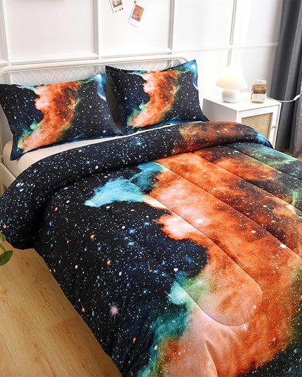 A Nice Night Black and Blue Galaxy Bedding Sets 3D Printed Cloud Quilt Comforter Sets with 2 Bedroom Pillow Covers Twin Size - LeafyLoom