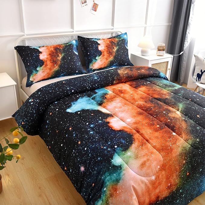 A Nice Night Black and Blue Galaxy Bedding Sets 3D Printed Cloud Quilt Comforter Sets with 2 Bedroom Pillow Covers Twin Size - LeafyLoom