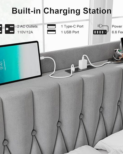 Feonase King Bed Frame with Type-C & USB Port, Metal Platform Beds, with Velvet Upholstered Headboard & Footboard, 12" Underbed Storage Space, Easy Assembly, Noise-Free, Gray - LeafyLoom