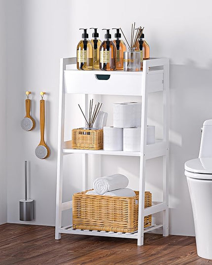 Bathroom Shelves, 3 Tier Ladder Shelf with Drawers, Bamboo Bookshelf Open Shelving, Nightstand Bookcase End Table Plant Stand for Living Room, Bedroom, Bathroom, Kitchen - LeafyLoom