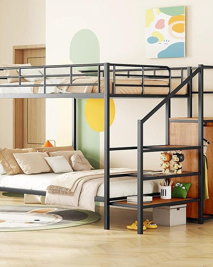 Full Over Full Metal Bunk Bed Frame with Lateral Storage Ladder & Wardrobe,Heavy-Duty Steel Frame Bunk Bed with Safety Guard Rails, for Kids Teens Adults, No Box Spring Needed - LeafyLoom