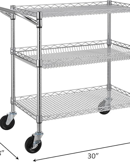 Finnhomy 3 Tier Heavy Duty Commercial Grade Utility Cart, Wire Rolling Cart with Handle Bar, Steel Service Cart with Wheels, Utility Shelf Plant Display Shelf Food Storage Trolley, NSF Listed - LeafyLoom