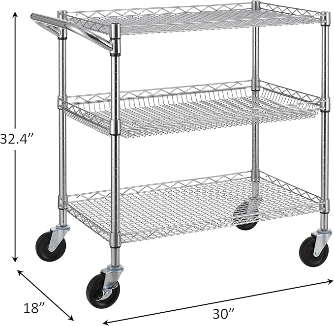 Finnhomy 3 Tier Heavy Duty Commercial Grade Utility Cart, Wire Rolling Cart with Handle Bar, Steel Service Cart with Wheels, Utility Shelf Plant Display Shelf Food Storage Trolley, NSF Listed - LeafyLoom
