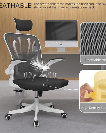 Office Chair, Ergonomic Office Chair with Lumbar Support & 3D Headrest & Flip Up Arms Home Office Desk Chairs Rockable High Back Swivel Computer Chair White Frame Black Mesh Study Chair - LeafyLoom