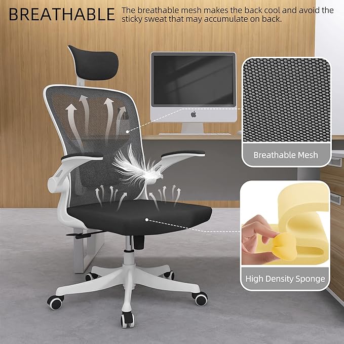 Office Chair, Ergonomic Office Chair with Lumbar Support & 3D Headrest & Flip Up Arms Home Office Desk Chairs Rockable High Back Swivel Computer Chair White Frame Black Mesh Study Chair - LeafyLoom