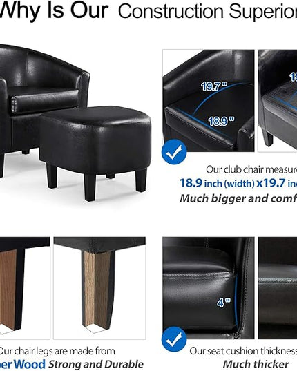 Yaheetech Accent Chair with Ottoman Set, Modern Faux Leather Upholstered Soft Barrel Chair and Footrest, Club Armchair and Footstool for Living Room/Bedroom/Reading Room/Guest Room, Black - LeafyLoom
