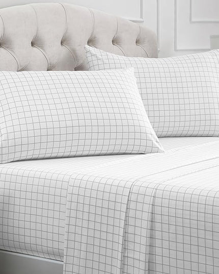 Mellanni California King Sheets Set - 4 PC Iconic Collection Bedding Sheets & Pillowcases - Hotel Luxury, Extra Soft, Cooling Bed Sheets - Deep Pocket up to 16 inch (Cal King, Windowpane Gray) - LeafyLoom