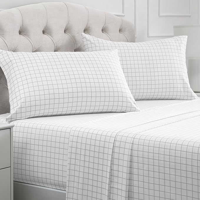 Mellanni California King Sheets Set - 4 PC Iconic Collection Bedding Sheets & Pillowcases - Hotel Luxury, Extra Soft, Cooling Bed Sheets - Deep Pocket up to 16 inch (Cal King, Windowpane Gray) - LeafyLoom