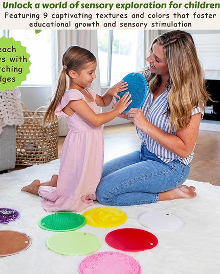 Sensory Mats Set - 9 Round 8.6-inch Sensory Tiles for Sensor Wall, Floor & More - Multi-Sensory Exploration Sensory Toys for Kids and Autistic Children - Sensory Room Equipment Play-Based Learning - LeafyLoom