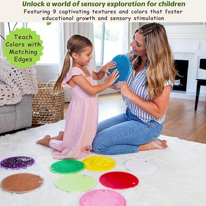 Sensory Mats Set - 9 Round 8.6-inch Sensory Tiles for Sensor Wall, Floor & More - Multi-Sensory Exploration Sensory Toys for Kids and Autistic Children - Sensory Room Equipment Play-Based Learning - LeafyLoom