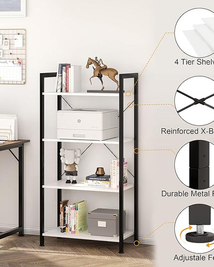 VERMESS Book Shelf White, Tall 4 Tier Bookshelf, Industrial Shelving Unit Wood Bookcase Shelf with Open Shelves, Wide Storage Standing Bookshelves Metal Display Rack for Living Room, Bedroom, Office - LeafyLoom