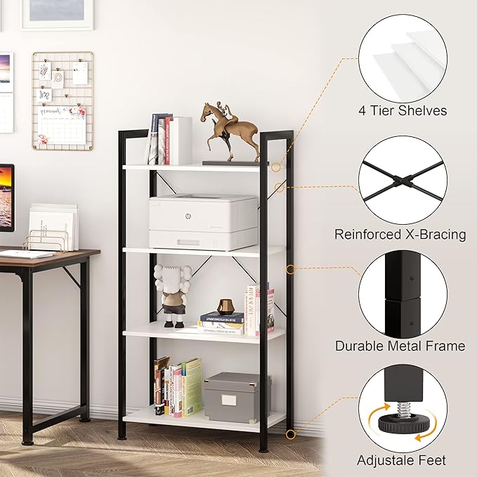 VERMESS Book Shelf White, Tall 4 Tier Bookshelf, Industrial Shelving Unit Wood Bookcase Shelf with Open Shelves, Wide Storage Standing Bookshelves Metal Display Rack for Living Room, Bedroom, Office - LeafyLoom