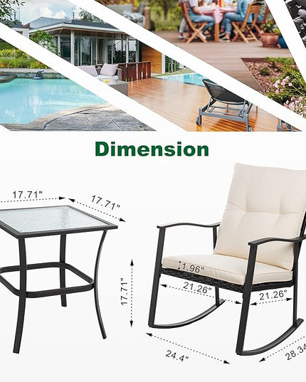 Shintenchi Outdoor 3-Piece Rocking Bistro Set,Wicker Patio Furniture Porch Chairs Conversation Sets with Glass Coffee (Beige Cushion) - LeafyLoom