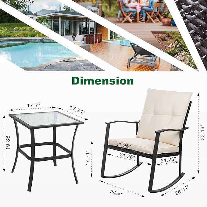 Shintenchi Outdoor 3-Piece Rocking Bistro Set,Wicker Patio Furniture Porch Chairs Conversation Sets with Glass Coffee (Beige Cushion) - LeafyLoom