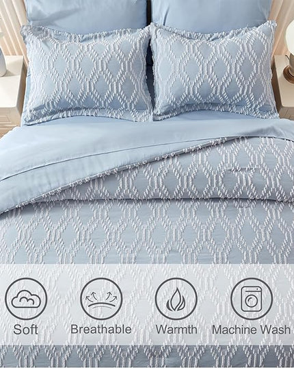EMME Twin Comforter Set - 5 Pcs Blue Boho Bedding Sets, Twin Size Tufted Comforter with Sheets, Shabby Chic Embroidery Bed Set Fluffy Bed Bag for All Season(68"X90") - LeafyLoom